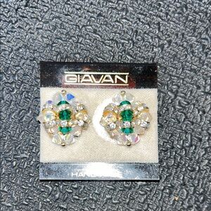 Green and Gold Crystal Clip on Earrings